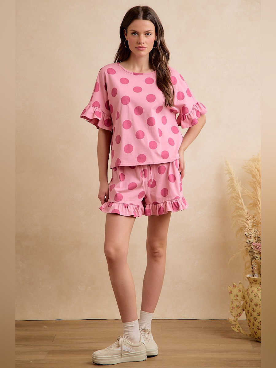 Bibi Polka Dots Printed Ruffled Detail Top And Shorts Set